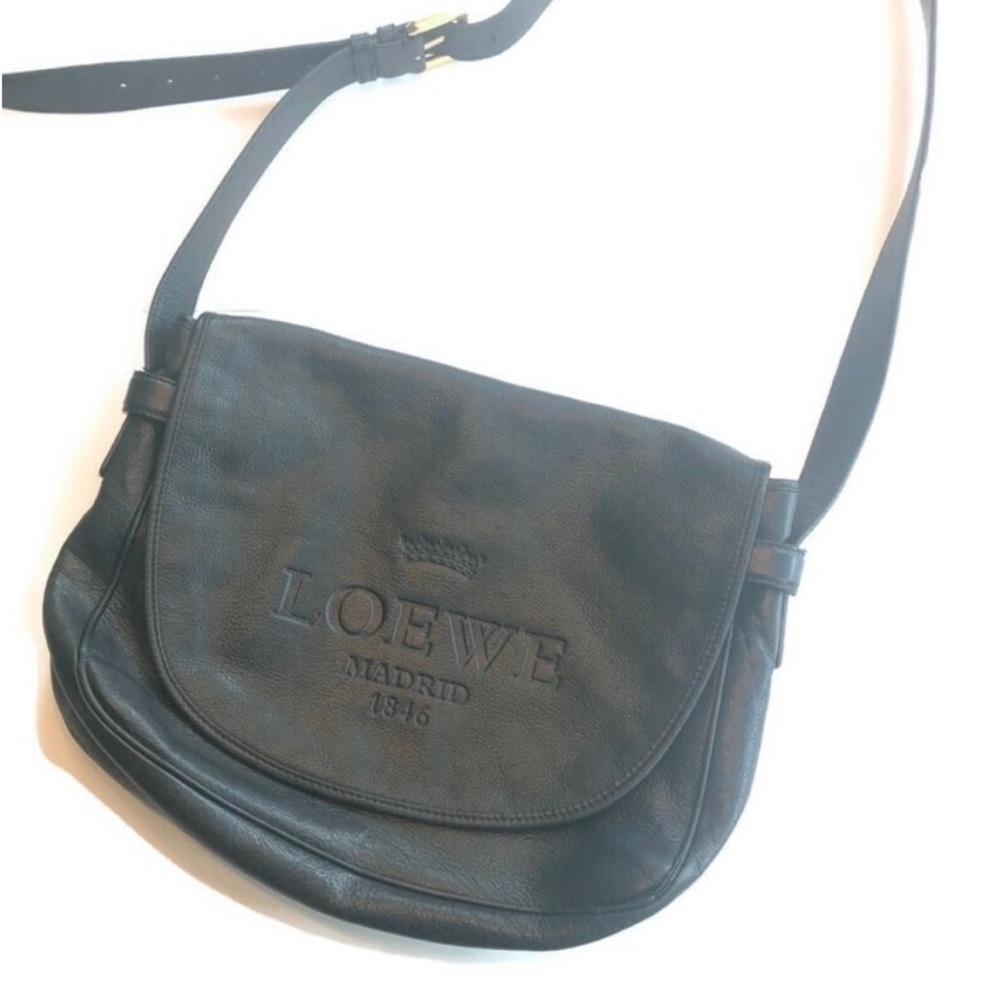 Vintage Loewe Heritage Messenger Bag Black Leather XL Logo Crossbody Spain - Picture 2 of 14